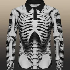Day of the Dead Men's Polo Shirts Golf Shirt Long Sleeve Polo Shirts Collared Shirts Casual Horror Festival Wear Party Outfits 3D Print Buttons Fall & Winter Yellow Khaki Gray