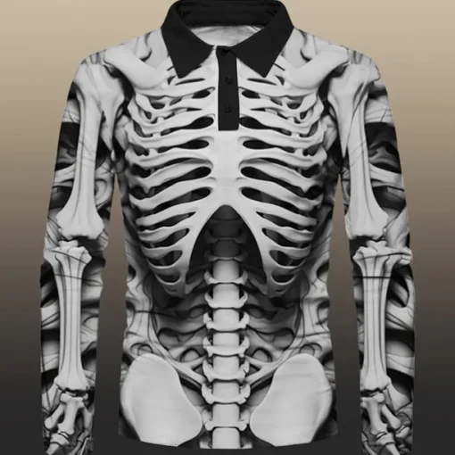 Day of the Dead Men's Polo Shirts Golf Shirt Long Sleeve Polo Shirts Collared Shirts Casual Horror Festival Wear Party Outfits 3D Print Buttons Fall & Winter Yellow Khaki Gray