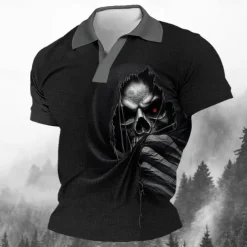 Day of the Dead Men's Skull Polo Shirts Golf Shirt Short Sleeve Polo Shirts V Neck Horror Streetwear Festival Wear Party Outfits 3D Print Spring & Summer Black