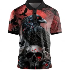 Day of the Dead Men's Skull Golf Shirt Short Sleeve Polo Shirts Collared Shirts Casual Horror Streetwear Festival Wear Party Outfits 3D Print Buttons Summer Black