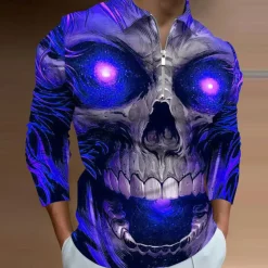 Day of the Dead Men's Skull Zip Polo Shirts Golf Shirt Long Sleeve Polo Shirts Collared Shirts Casual Horror Streetwear Festival Wear Party Outfits 3D Print Quarter Zip Polo Yellow Blue Purple