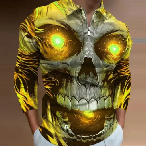 Day of the Dead Men's Skull Zip Polo Shirts Golf Shirt Long Sleeve Polo Shirts Collared Shirts Casual Horror Streetwear Festival Wear Party Outfits 3D Print Quarter Zip Polo Yellow Blue Purple