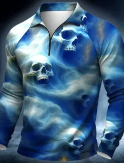 Day of the Dead Men's Skulls Polo Long Sleeve Polo Shirts Casual Dark Outdoor Street Daily Wear 3D Print Quarter Zip Polo Spring Fall Winter Blue Brown Green