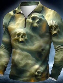 Day of the Dead Men's Skulls Polo Long Sleeve Polo Shirts Casual Dark Outdoor Street Daily Wear 3D Print Quarter Zip Polo Spring Fall Winter Blue Brown Green