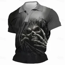 Day of the Dead Men's Skull Polo Shirts Golf Shirt Short Sleeve Polo Shirts V Neck Horror Streetwear Festival Wear Party Outfits 3D Print Spring & Summer Black