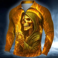 Day of the Dead Men's Skulls Polo Long Sleeve Polo Shirts Casual Dark Outdoor Street Daily Wear 3D Print Quarter Zip Polo Spring Fall Winter Red Orange Green