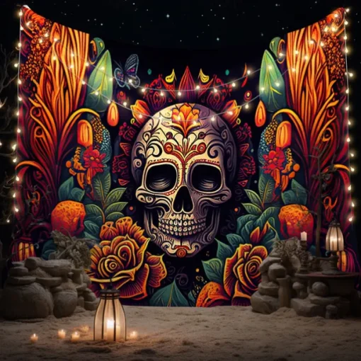 Day of the Dead Tapestry Banners Wall Hangings Skeleton Marigold Mexico Dark Punk Gothic Style Party Dorm Shooting Backgrounds Decorations Wall Door Background