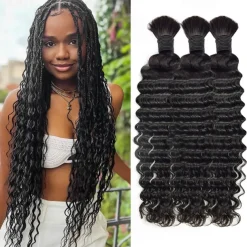 Deep wave bulk human hair 100 % Human Hair Braiding Human Hair Bulk No Weft deep Wave 100G per package Natural color 10-28 Inch 3Bundles