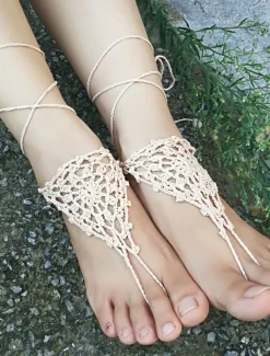 Delicate Crochet Barefoot Sandals with Adjustable Ankle Strap - Ideal for Beach Weddings