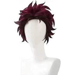 Demon Slayer: Kimetsu no Yaiba Tanjiro Kamado Short Chestnut Brown Heat Resistant Hair Cosplay Wig + A Pair Of Ear-Rings,Just Wig (Color : Just Wig) Halloween Wigs
