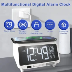 Digital Alarm Clock Wireless Charging for Smartphones with Bluetooth Speaker Alarms USB Charging Port Dimmer Nightlight for Bedroom