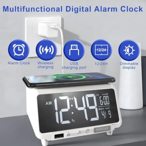 Digital Alarm Clock Wireless Charging for Smartphones with Bluetooth Speaker Alarms USB Charging Port Dimmer Nightlight for Bedroom