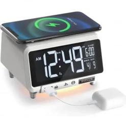 Digital Alarm Clock Wireless Charging for Smartphones with Bluetooth Speaker Alarms USB Charging Port Dimmer Nightlight for Bedroom