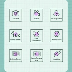 Digital Camera 1080P 44MP Vlogging Camera with LCD Screen 16X Zoom Compact Portable Mini Rechargeable Camera Gifts for Students Teens Adults Girls Boys