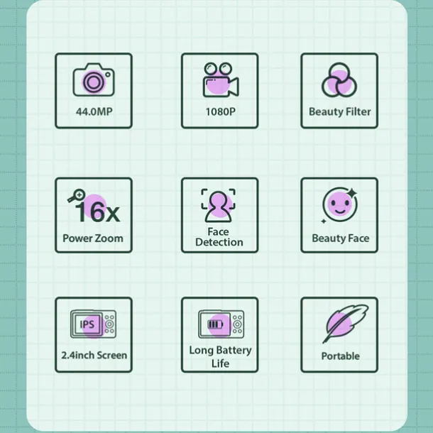 Digital Camera 1080P 44MP Vlogging Camera with LCD Screen 16X Zoom Compact Portable Mini Rechargeable Camera Gifts for Students Teens Adults Girls Boys