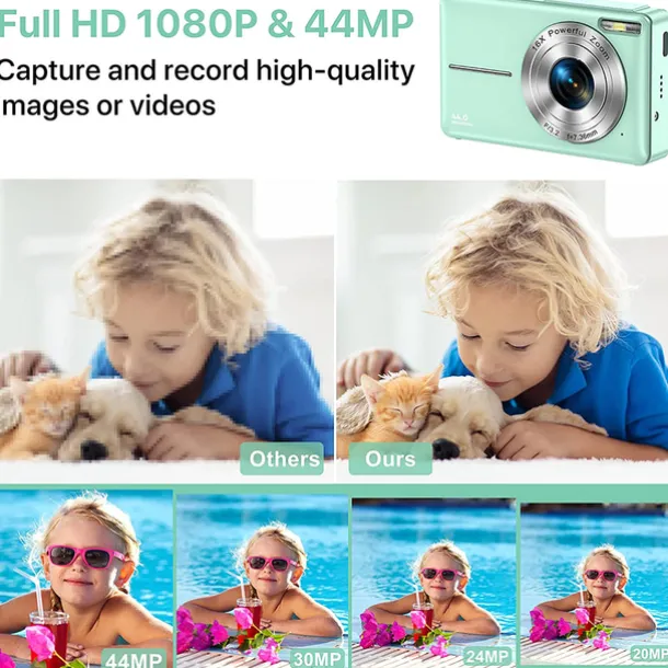 Digital Camera 1080P 44MP Vlogging Camera with LCD Screen 16X Zoom Compact Portable Mini Rechargeable Camera Gifts for Students Teens Adults Girls Boys