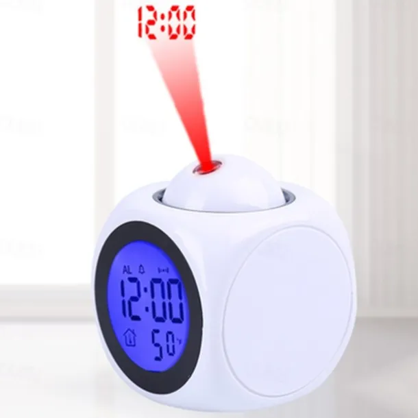 Digital Projection Alarm Clock Home Multifunction Voice Talking Alarm Clock LCD Display with Electronic Thermometer Time Wall Ceiling Projection