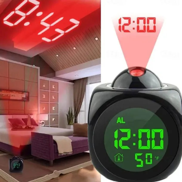 Digital Projection Alarm Clock Home Multifunction Voice Talking Alarm Clock LCD Display with Electronic Thermometer Time Wall Ceiling Projection