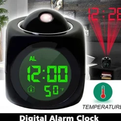 Digital Projection Alarm Clock Home Multifunction Voice Talking Alarm Clock LCD Display with Electronic Thermometer Time Wall Ceiling Projection