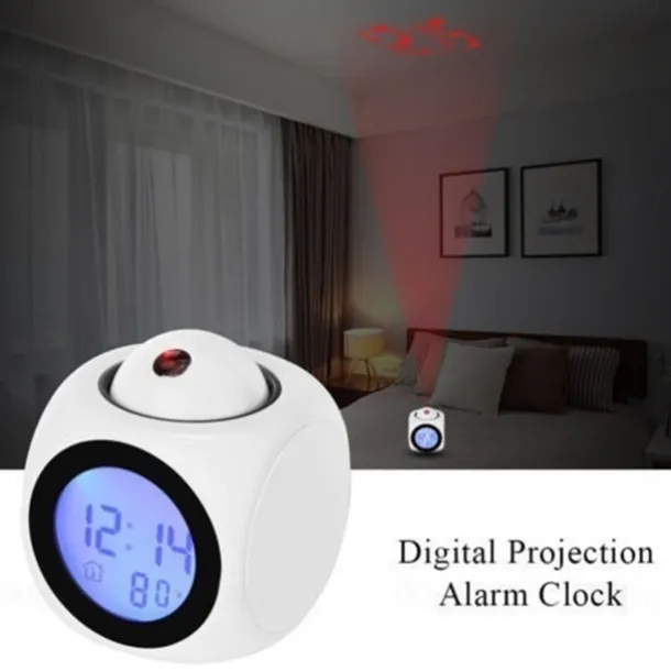 Digital Projection Alarm Clock Home Multifunction Voice Talking Alarm Clock LCD Display with Electronic Thermometer Time Wall Ceiling Projection