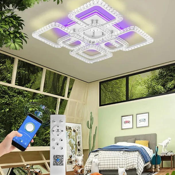 Dimmable Chrome Acrylic Ceiling Light LED 5-head and 8-head Ceiling Light with Background Light and APP Connection/Remote Control Suitable for Bedrooms Living Rooms Offices Children's Rooms