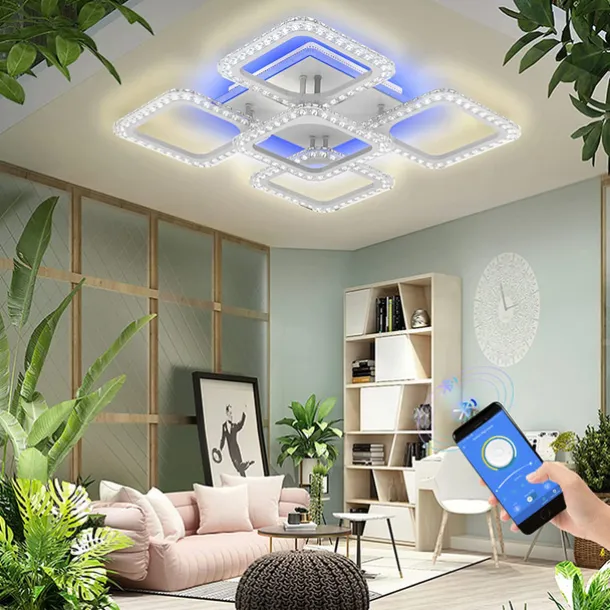Dimmable Chrome Acrylic Ceiling Light LED 5-head and 8-head Ceiling Light with Background Light and APP Connection/Remote Control Suitable for Bedrooms Living Rooms Offices Children's Rooms