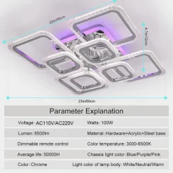 Dimmable Chrome Acrylic Ceiling Light LED 5-head and 8-head Ceiling Light with Background Light and APP Connection/Remote Control Suitable for Bedrooms Living Rooms Offices Children's Rooms