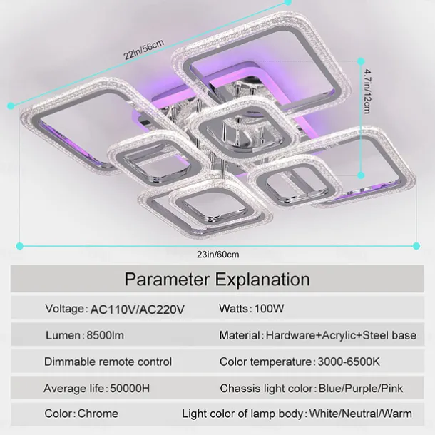 Dimmable Chrome Acrylic Ceiling Light LED 5-head and 8-head Ceiling Light with Background Light and APP Connection/Remote Control Suitable for Bedrooms Living Rooms Offices Children's Rooms
