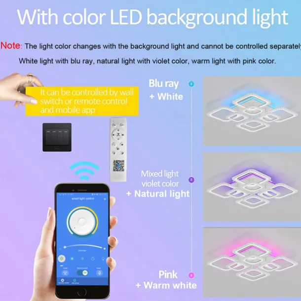Dimmable Chrome Acrylic Ceiling Light LED 5-head and 8-head Ceiling Light with Background Light and APP Connection/Remote Control Suitable for Bedrooms Living Rooms Offices Children's Rooms