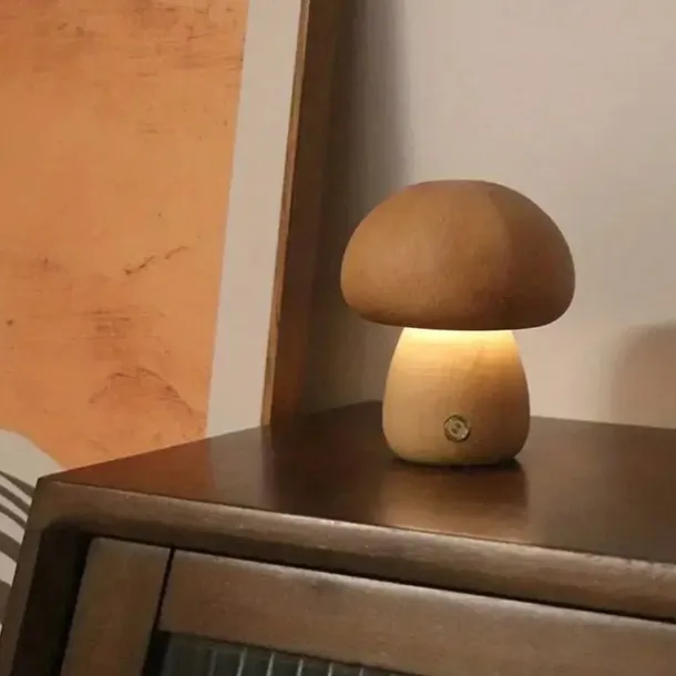 Dimmable LED Mushroom Table Lamp Touch Wooden Office Lamp USB Rechargeable Night Light Bedroom Home Cafe Office Decoration Birthday Gift
