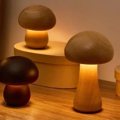 Dimmable LED Mushroom Table Lamp Touch Wooden Office Lamp USB Rechargeable Night Light Bedroom Home Cafe Office Decoration Birthday Gift