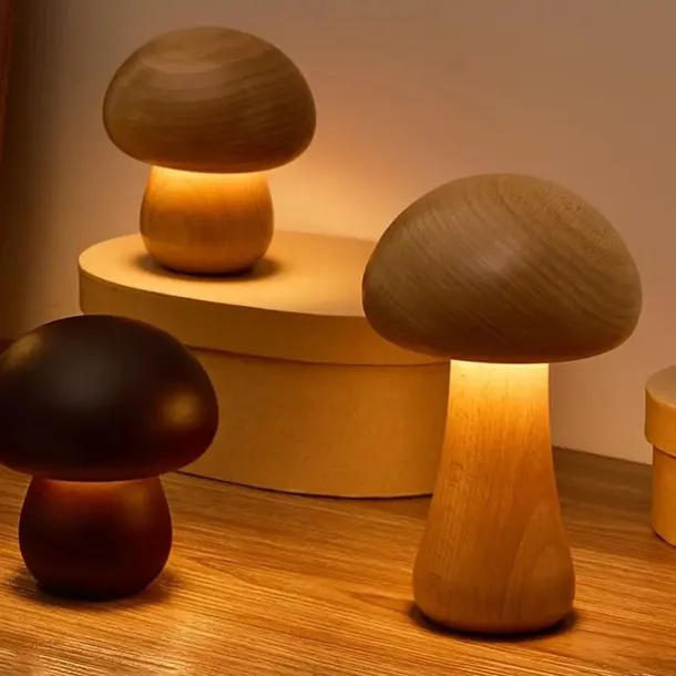 Dimmable LED Mushroom Table Lamp Touch Wooden Office Lamp USB Rechargeable Night Light Bedroom Home Cafe Office Decoration Birthday Gift