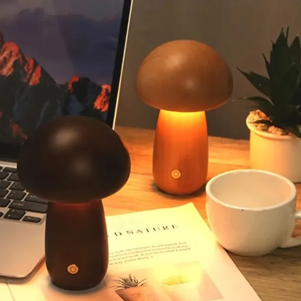 Dimmable LED Mushroom Table Lamp Touch Wooden Office Lamp USB Rechargeable Night Light Bedroom Home Cafe Office Decoration Birthday Gift