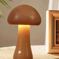 Dimmable LED Mushroom Table Lamp Touch Wooden Office Lamp USB Rechargeable Night Light Bedroom Home Cafe Office Decoration Birthday Gift