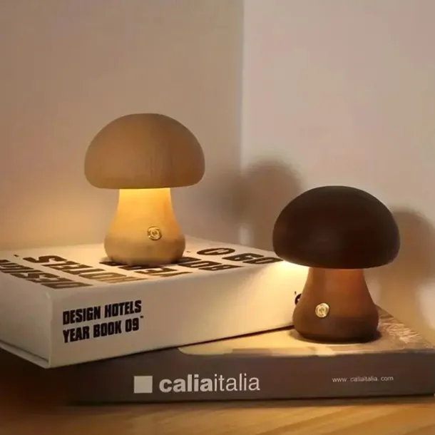 Dimmable LED Mushroom Table Lamp Touch Wooden Office Lamp USB Rechargeable Night Light Bedroom Home Cafe Office Decoration Birthday Gift