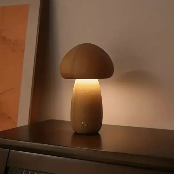 Dimmable LED Mushroom Table Lamp Touch Wooden Office Lamp USB Rechargeable Night Light Bedroom Home Cafe Office Decoration Birthday Gift