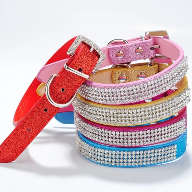Dog Collar Adjustable / Retractable Rhinestone PU Leather Purple Red Blue Pink Black for Girl Dog
