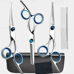 Dog Grooming Scissors Kit with Safety Round Tips Stainless Steel Professional Dog Grooming Shears Set - Thinning Curved Scissors and Comb for Dog Cat Pet