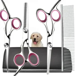 Dog Grooming Scissors Kit with Safety Round Tips Stainless Steel Professional Dog Grooming Shears Set - Thinning Curved Scissors and Comb for Dog Cat Pet