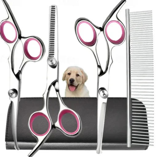 Dog Grooming Scissors Kit with Safety Round Tips Stainless Steel Professional Dog Grooming Shears Set - Thinning Curved Scissors and Comb for Dog Cat Pet