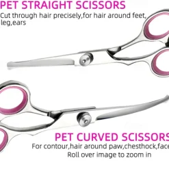 Dog Grooming Scissors Kit with Safety Round Tips Stainless Steel Professional Dog Grooming Shears Set - Thinning Curved Scissors and Comb for Dog Cat Pet