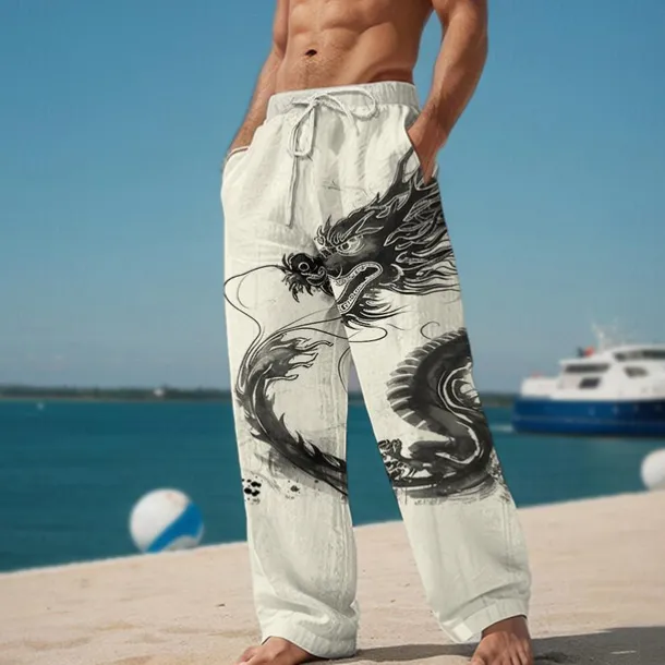 Dragon Abstract Men's 3D Printed Casual Pants Trousers Elastic Waist Drawstring Loose Fit Straight-Leg Summer Beach Pants S TO 3XL