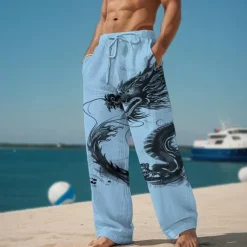 Dragon Abstract Men's 3D Printed Casual Pants Trousers Elastic Waist Drawstring Loose Fit Straight-Leg Summer Beach Pants S TO 3XL