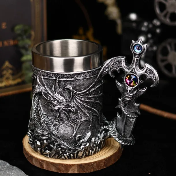 Dragon Warrior Beer Mug,Oktoberfest Gift Mug Western Mythology Fire Dragon Stein, Nordic Sword Tankard, Coffee & Beer Cup, Christmas Gift for Men