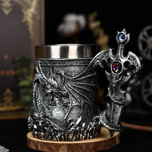 Dragon Warrior Beer Mug,Oktoberfest Gift Mug Western Mythology Fire Dragon Stein, Nordic Sword Tankard, Coffee & Beer Cup, Christmas Gift for Men