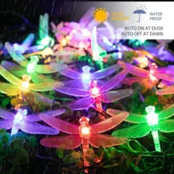 Dragonfly Solar String Lights Outdoor 6.5M 30LEDs Waterproof Solar Fairy Lights 8 Modes Decorative Lights for Patio Garden Yard Fence Wedding Christmas Party Warm White RGB Multicolor