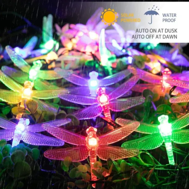 Dragonfly Solar String Lights Outdoor 6.5M 30LEDs Waterproof Solar Fairy Lights 8 Modes Decorative Lights for Patio Garden Yard Fence Wedding Christmas Party Warm White RGB Multicolor