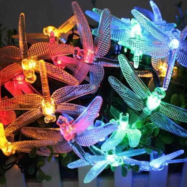 Dragonfly Solar String Lights Outdoor 6.5M 30LEDs Waterproof Solar Fairy Lights 8 Modes Decorative Lights for Patio Garden Yard Fence Wedding Christmas Party Warm White RGB Multicolor