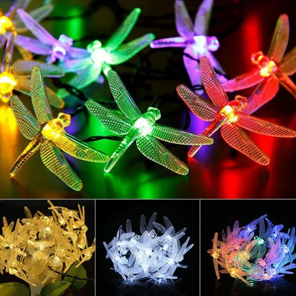 Dragonfly Solar String Lights Outdoor 6.5M 30LEDs Waterproof Solar Fairy Lights 8 Modes Decorative Lights for Patio Garden Yard Fence Wedding Christmas Party Warm White RGB Multicolor