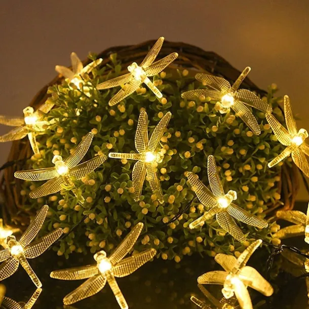 Dragonfly Solar String Lights Outdoor 6.5M 30LEDs Waterproof Solar Fairy Lights 8 Modes Decorative Lights for Patio Garden Yard Fence Wedding Christmas Party Warm White RGB Multicolor